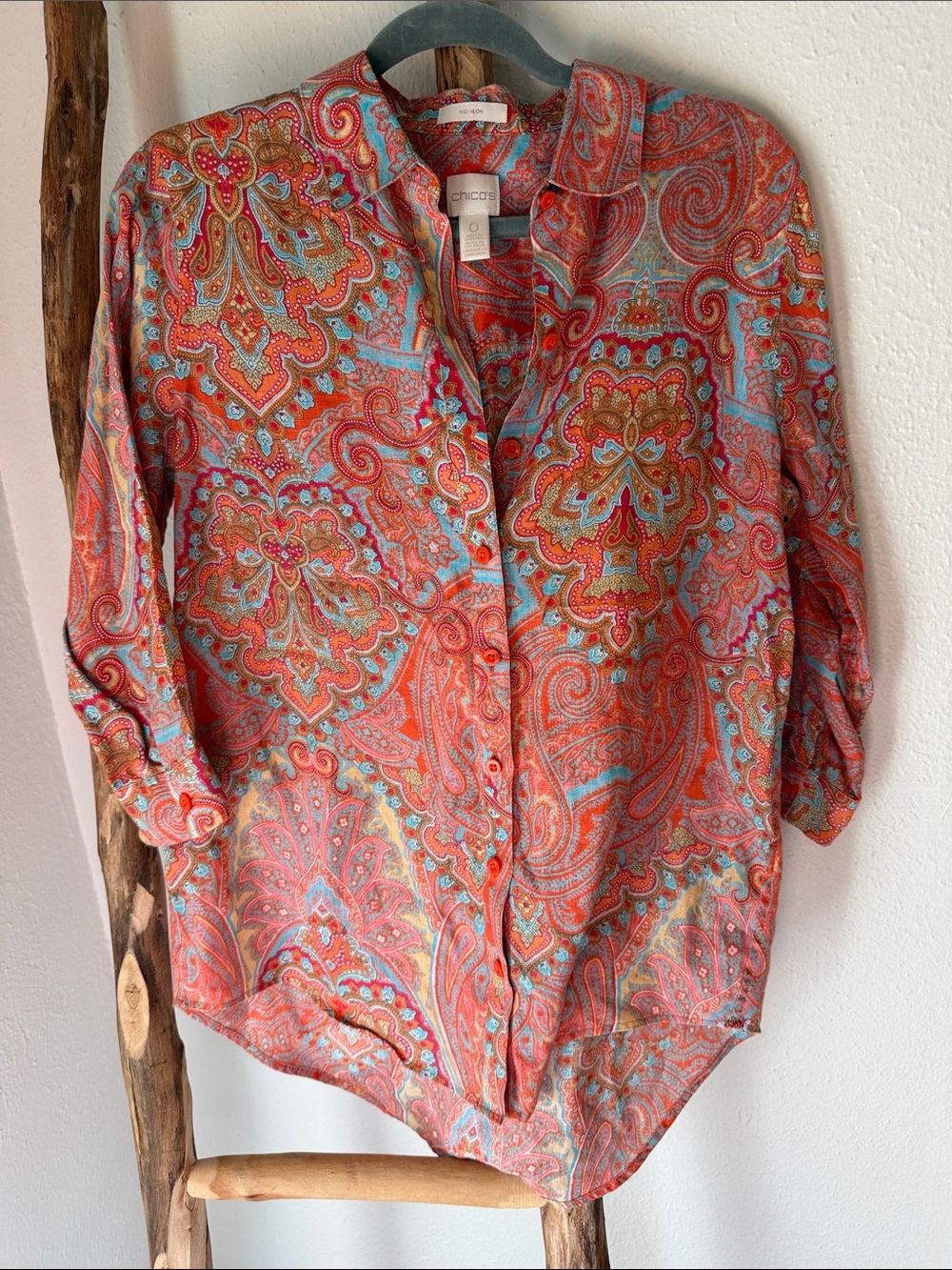 Chico's Coral Orange Turquoise No Iron Line Paisley Button-Down 3/4 Sleeve Shirt
